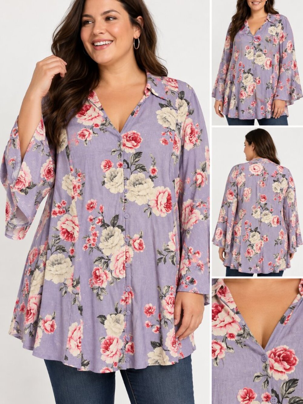 Torrid Size 4 Lavender Floral Rayon Slub Button Front Flare Sleeve Blouse